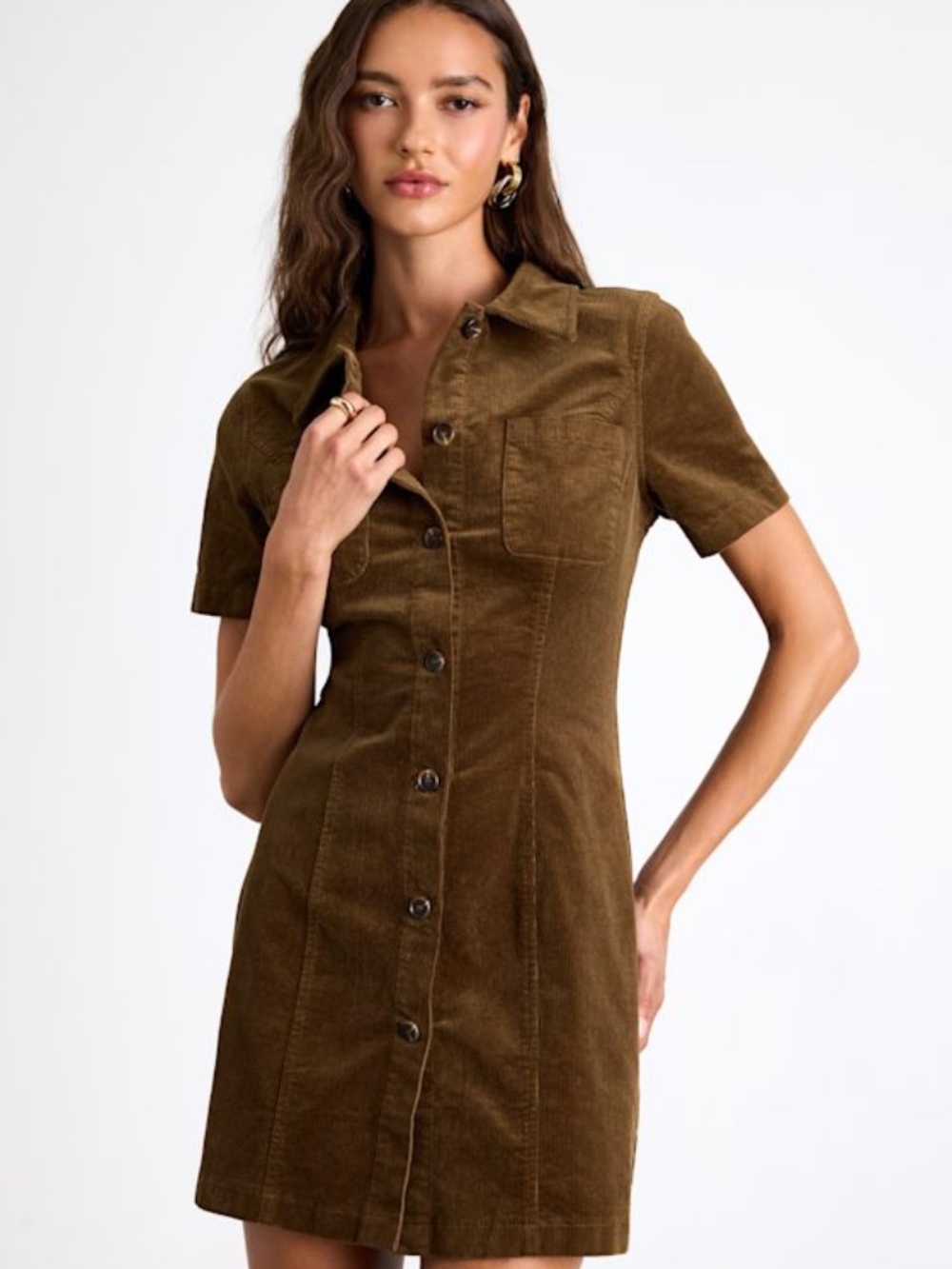 Lulus Rhienne Dark Olive Corduroy Button-front Short Sleeve Mini Dress Green